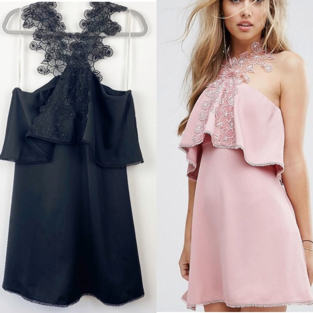 NWT FOXIEDOX Dress ZOE MINI DRESS Black Floral Rosette Lace Cold Shoulder Large